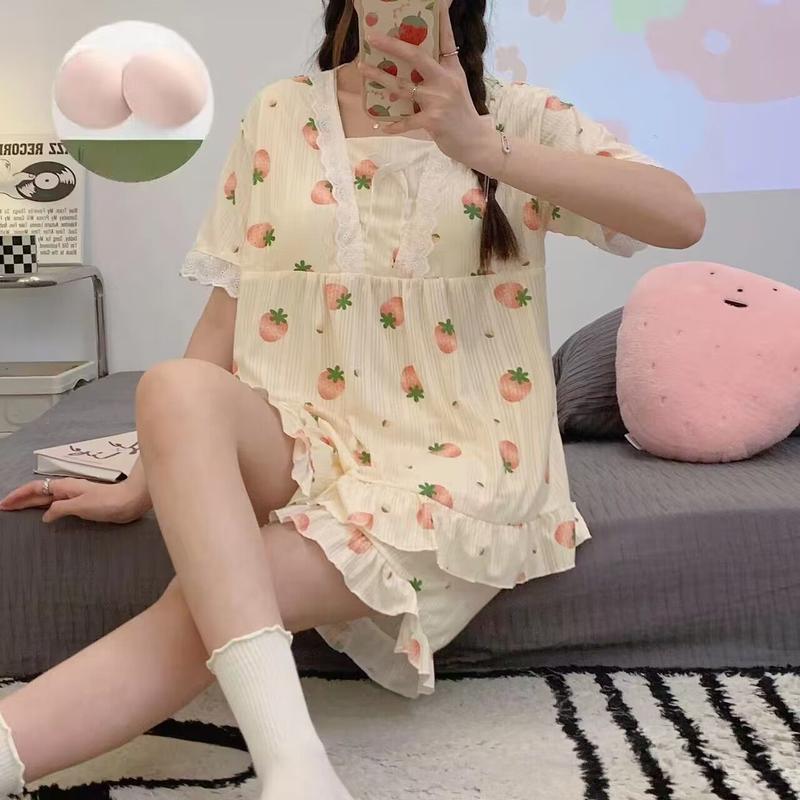 Bộ Đồ Ngủ Pijama Cotton Sữa, Phong Cách Mới, Có Đệm Ngực, Dành Cho Nữ, Dây Đeo Hoạt Hình Dễ Thương, Bộ Đồ Mặc Ở Nhà Mùa Hè 2