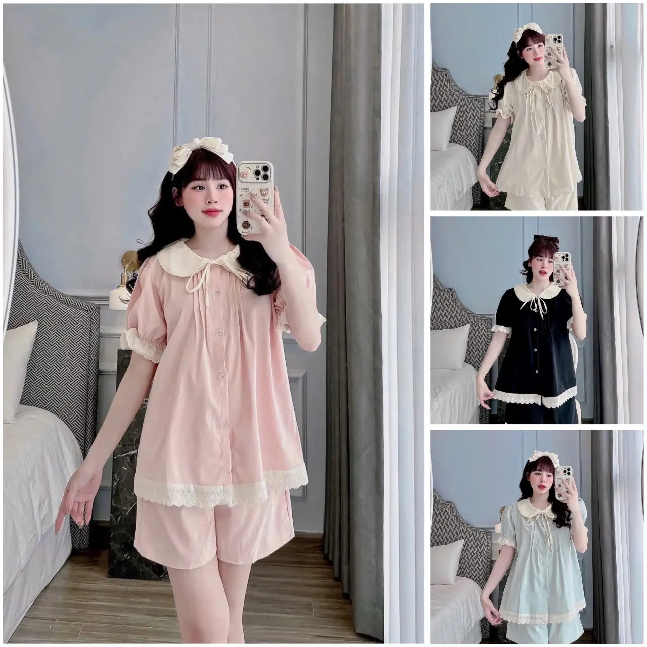 Bộ đồ pijama cộc tay thô đũi tàu cổ sen xinh xắn Women Nữ Áo (<60kg) Voi Sen - Chất liệu đũi thô tàu, màu sắc đa dạng