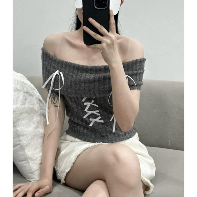 Áo Nữ Kiểu Trễ Vai Đính Nơ PINKSTORE29 Phong Cách Coquette A51092