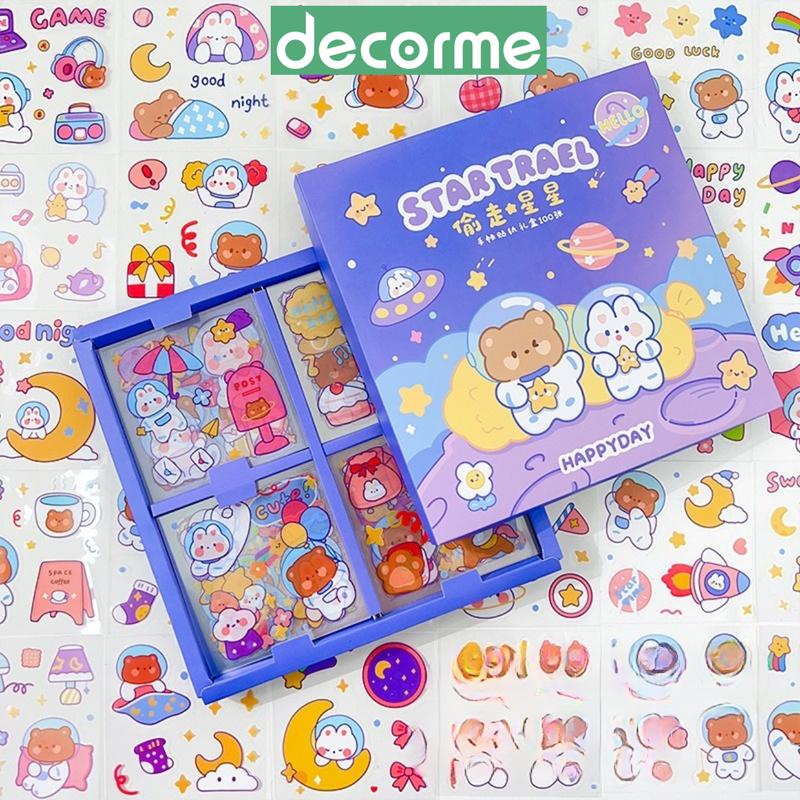 Hộp 100 sticker trong suốt nhiều chi tiết cực đáng yêu decor sổ, miếng dán trang trí tập vở, bình nước
