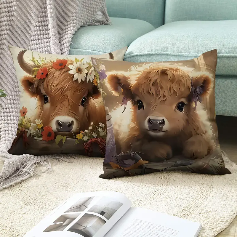 Highland Cow Pattern Cushion Cover, 4 Counts/set Square Throw Pillow Cover, Household Decoration Supplies for Home Living Room Bedroom 7