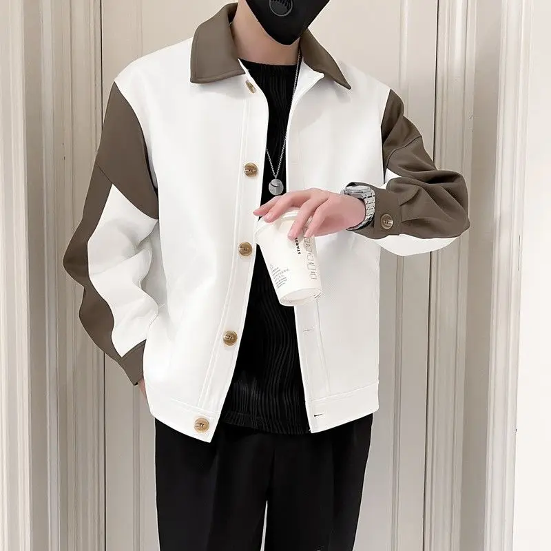 Fashion Colorblock Coat Men's Korean-Style Loose Business Casual Jacket Korean Style New Trendy Suit Jacket Menswear Tops Lingerie Longsleeve Collar Collared
