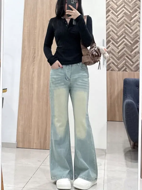 Quần Jean Ống Loe Chất Liệu Không Co Giãn Màu Retro Nữ Women Pants Ong QJ40 2