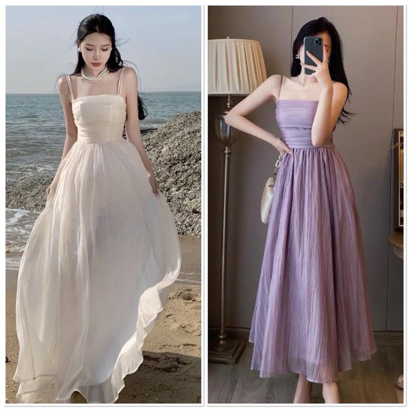 Váy suông đầm bầu HAI DÂY thiết kế TƠ NHĂN HAI LỚP dáng dài maxi đi biển đi tiệc sang chảnh mềm mại V214