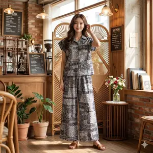 SNBM - Setelan wanita MATEA atasan gaya modis motif celana panjang / oneset wanita tanpa lengan - setelan wanita