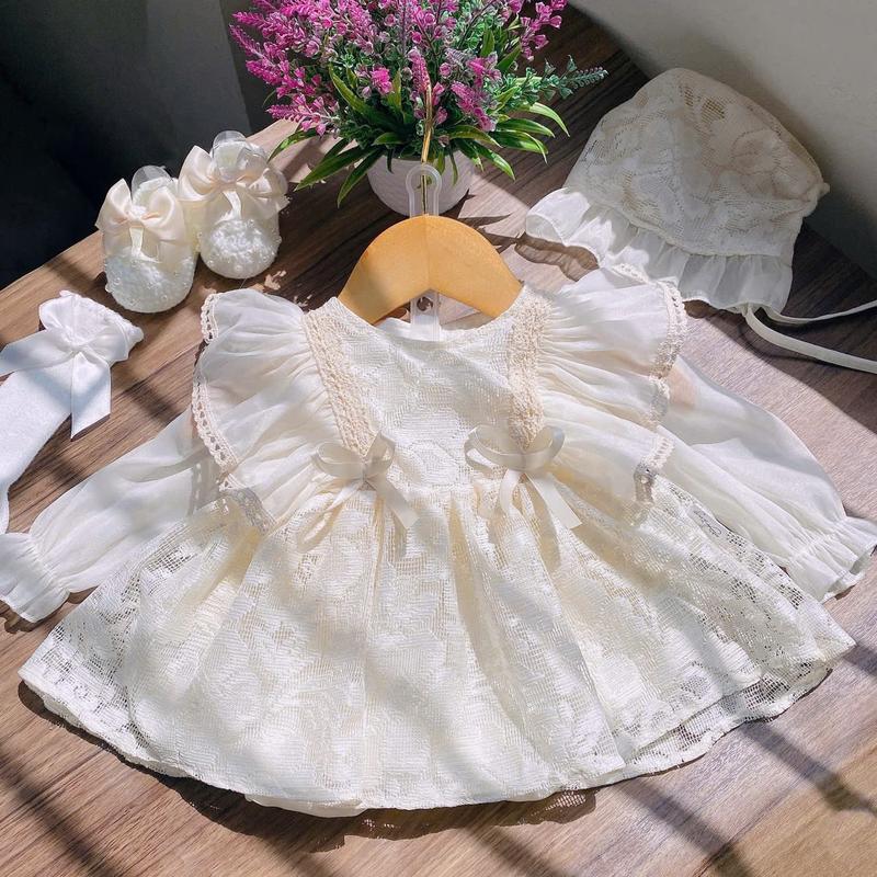 M51 Body Váy KEm Đầy Tháng Cho Bé Sơ Sinh 0-12 Tháng Chất Liệu Ren Cao Cấp Phối Habutai Đầm Bé Gái Nơ Ren Xuất Sắc