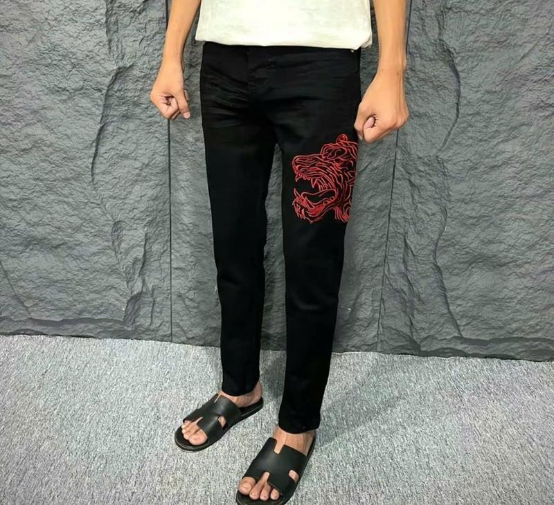 Quần dài jean nam đen 4 cúc thêu họa tiết hổ vẩy sơn chất jean co giãn mẫu mới Menswear Pants 0