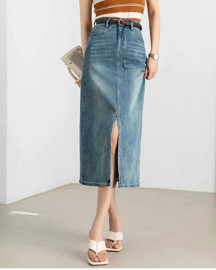 Rok denim celah musim panas, rok denim panjang menengah retro wanita/024