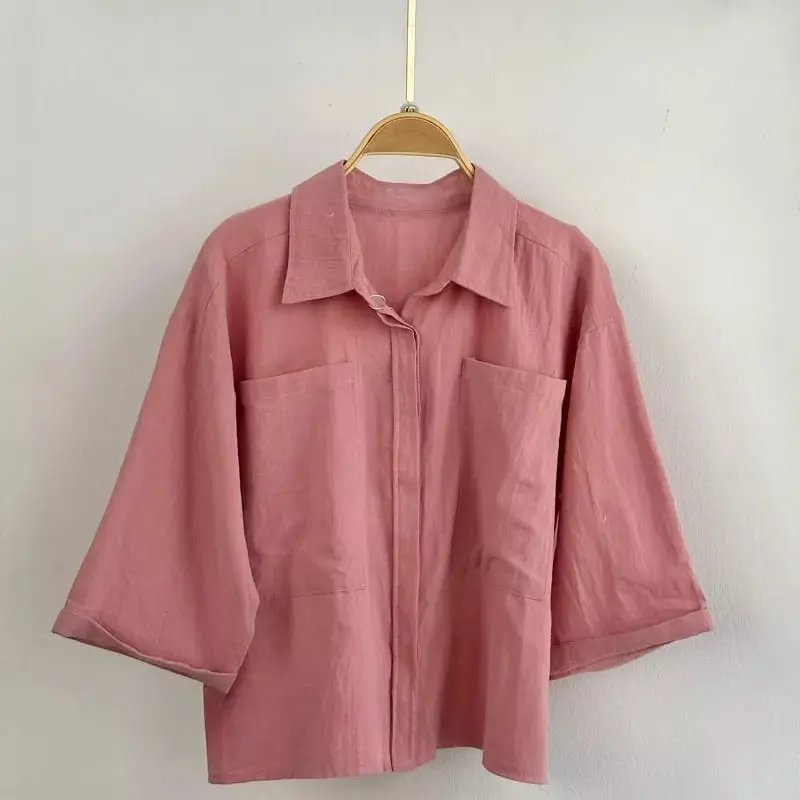 Melva Korean Crop Kemeja Wanita Semi Crop Linen Saku Dua Ld 120 Blouse Atasan Wanita Gemilang 8