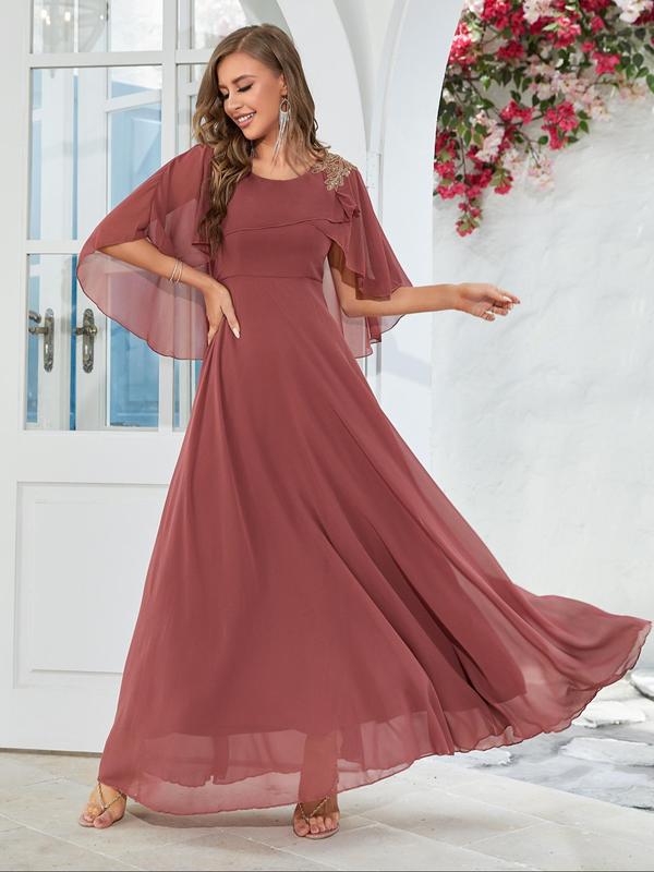 Women's Plain Cloak Sleeve Chiffon Evening Dress, Dresses Summer, Elegant Round Neck Half Sleeve Dress for Prom Wedding Guest, Ladies Summer Clothes 4