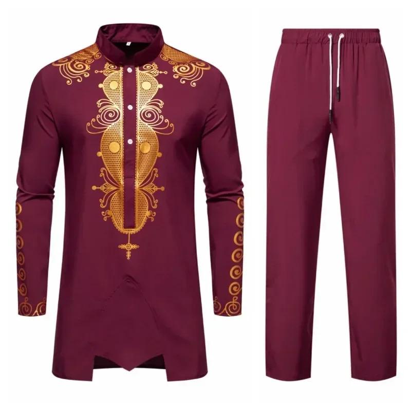 Product Introduction of New Personality Men's Long Sleeve Shirt Sets Leisure Dinner Print Design Medium Long Clothes for Men 6