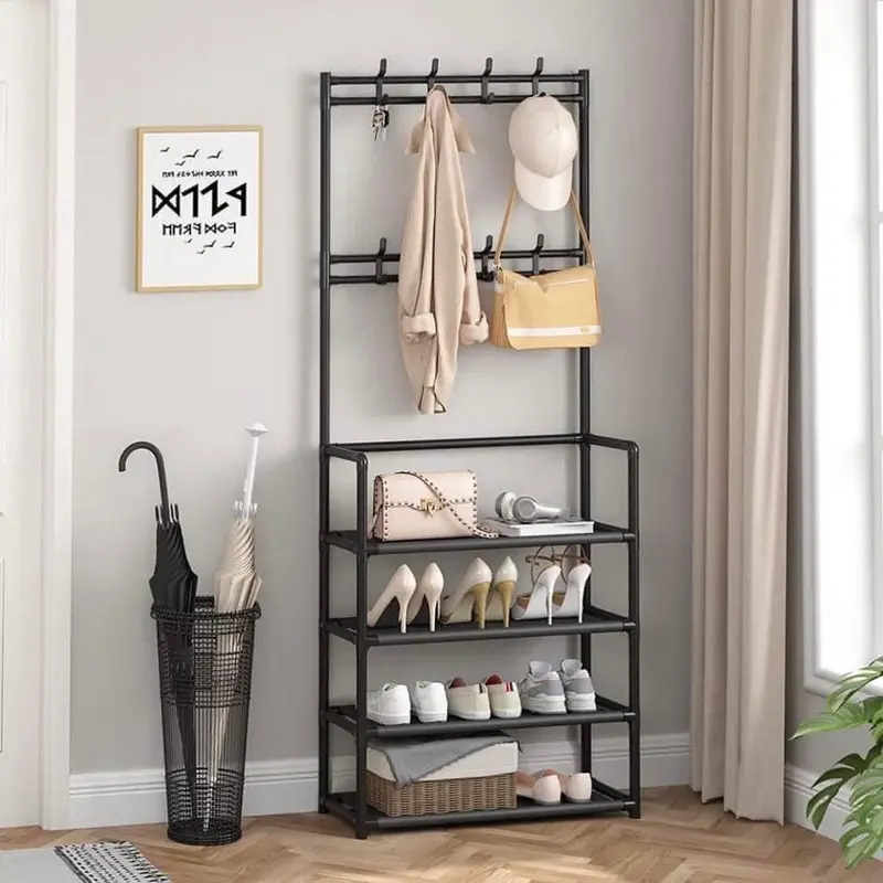 Kệ giầy chữ H 4 tầng sơn tĩnh điện kèm móc treo đồ ống trắng inox 1