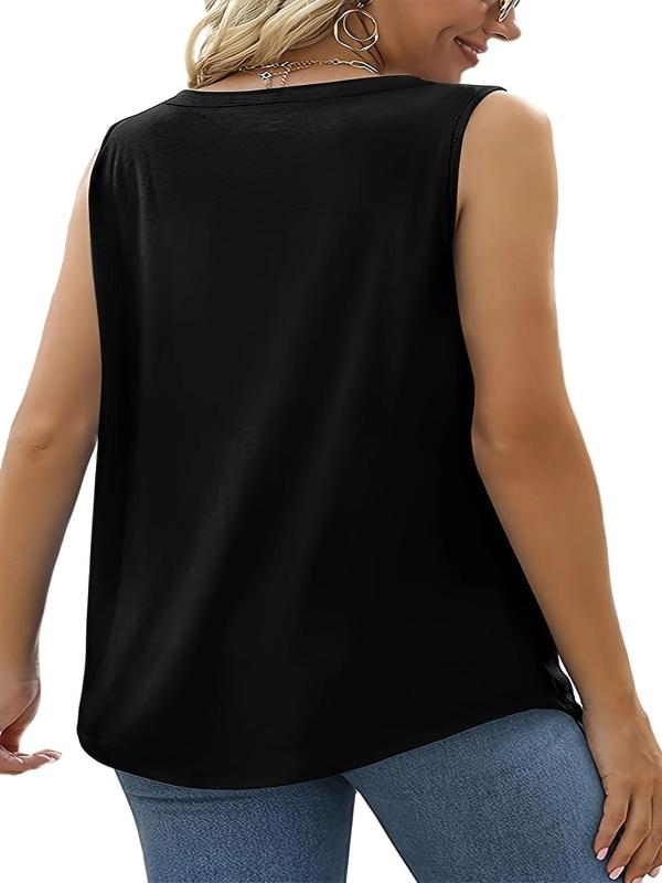 【Plus Size】 Plain Plicated Square Neck Tank Top, Casual Basic Minimalist Comfort Sleeveless Top for Daily Wear, Tank Tops for Women, Lady Plus Clothing for Spring, Womenswear, Summer Clothes 2
