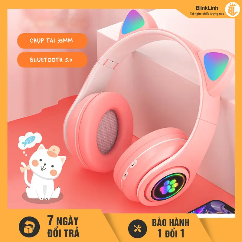 [COD] Tai Nghe Mèo dễ thương Mã BL39, Bluetooth 5.0, Tai nghe chụp tai lớn 35mm, Có Đèn LED Chuyển Màu, Chụp Tai Bọc Da Êm Ái, có Khe Cắm Thẻ Nhớ, Tặng Jack 3.5, Micrô tích hợp, Không dây  Nghe Nhạc tainghe chuptai 1