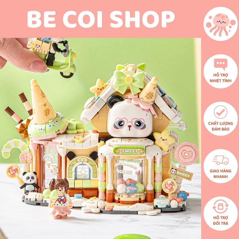 (Mô hình có đèn) Đồ Chơi Lắp Ráp Mô Hình Tiệm Kem Gấu trúc