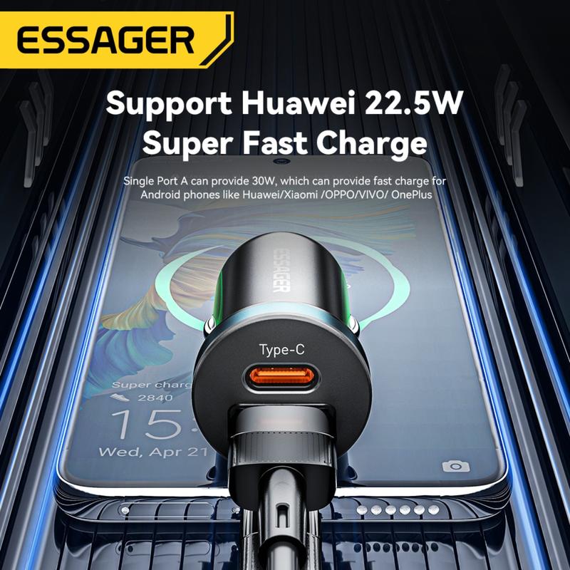 Bộ sạc ô tô mini USB A Type-C, Essager PD30W, Sạc nhanh, Sạc nhanh, Tương thích với iPhone, Huawei, Samsung, Type C PD QC 3.0, Thích hợp cho điện thoại di động, SUV, Bộ sạc ô tô 4