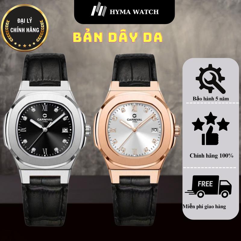 Đồng hồ Nữ cao cấp Carnival 8160L Dây da mặt vuông đính đá Bảo hành 5 năm Hyma Watch