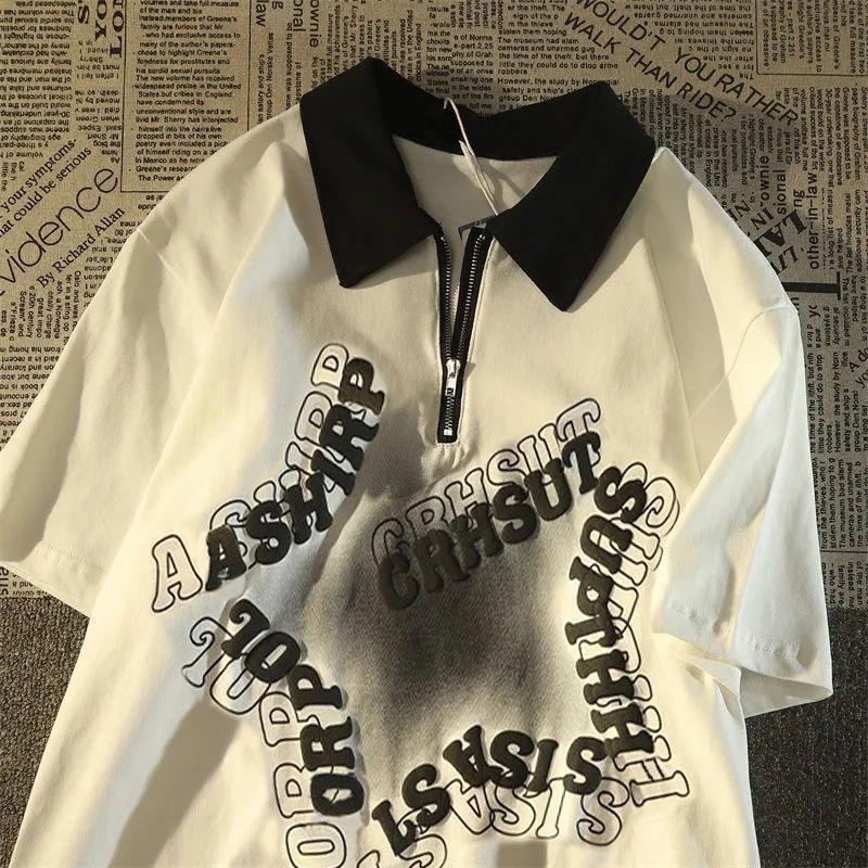 Product Introduction of [ 27k Favorites] American Retro Star Polo Collar Short Sleeve T-Shirt Unisex Loose Fit Hong Kong Style Vintage Half-Zip Couple Top 7