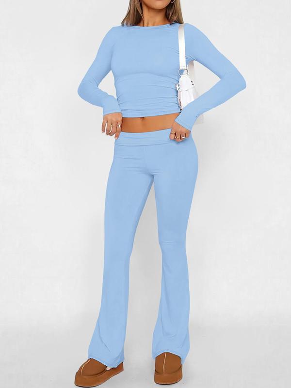 Two-piece Set Women's Solid Long Sleeve Crop Top & Flare Leg Pants, Casual Fashion Cozy Round Neck Top & Bell Bottom Trousers for Daily Outdoor Wear, Women's Lounge Clothing for Summer, Two Piece Set Women 7