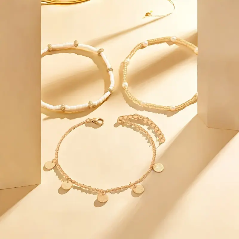 [3pcs Golden-Tone Pendant Anklet] 3pcs/Set Simple Golden-Tone Circular Pendant Tassel Beaded Anklet for Women, Suitable for Daily Wear And Vacation 1