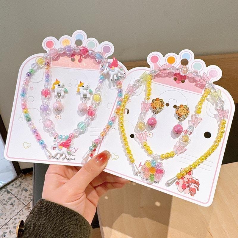 Product Introduction of Children's Necklace Jewelry Set Colorful Beaded Bracelet Cartoon Hair Hoops Earrings Princess Girl Accessories 9