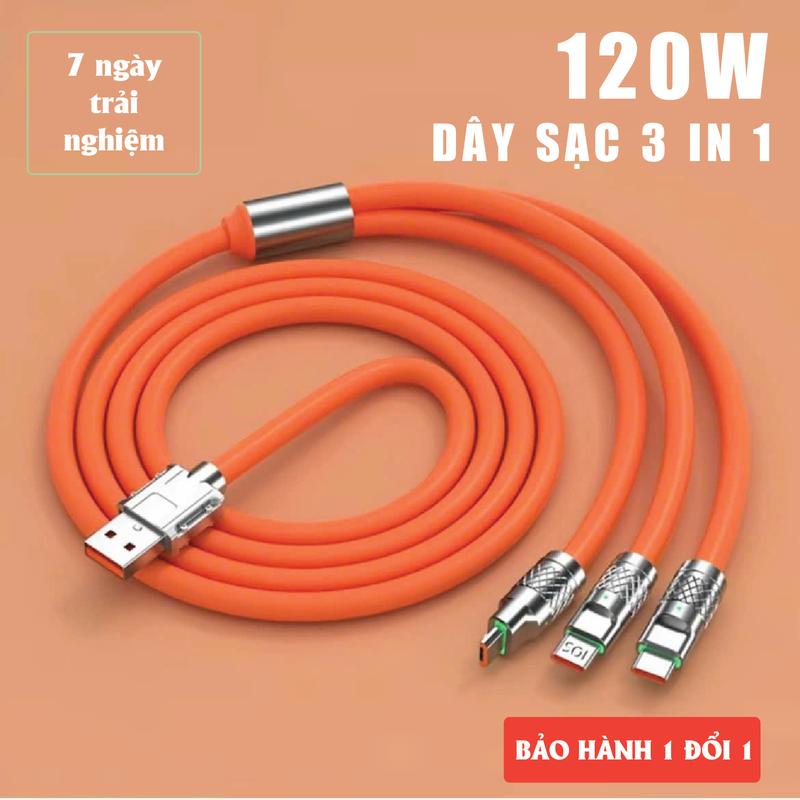 Cáp Sạc Nhanh 3 Đầu 120W Dài 1.2m. Cáp sạc hợp kim kẽm, có đèn LED, siêu bền. Dây Sạc 3 Trong 1, Cáp sạc điện thoại, Dây sạc 3 in 1 Phụ Kiện