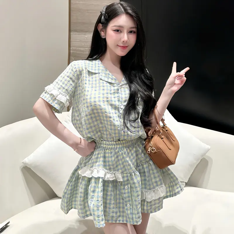Set váy babydoll đũi caro phối ren trắng kèm chân váy bèo tiểu thư  - Set bộ đồ nữ  kẻ caro mix chân váy 5
