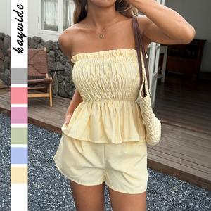 Women's Casual Solid Color Off The Shoulder Ruffled Hem Short Co-ord Set Summer Vacation Fashionable Two Piece Outfit with Elastic Waistband