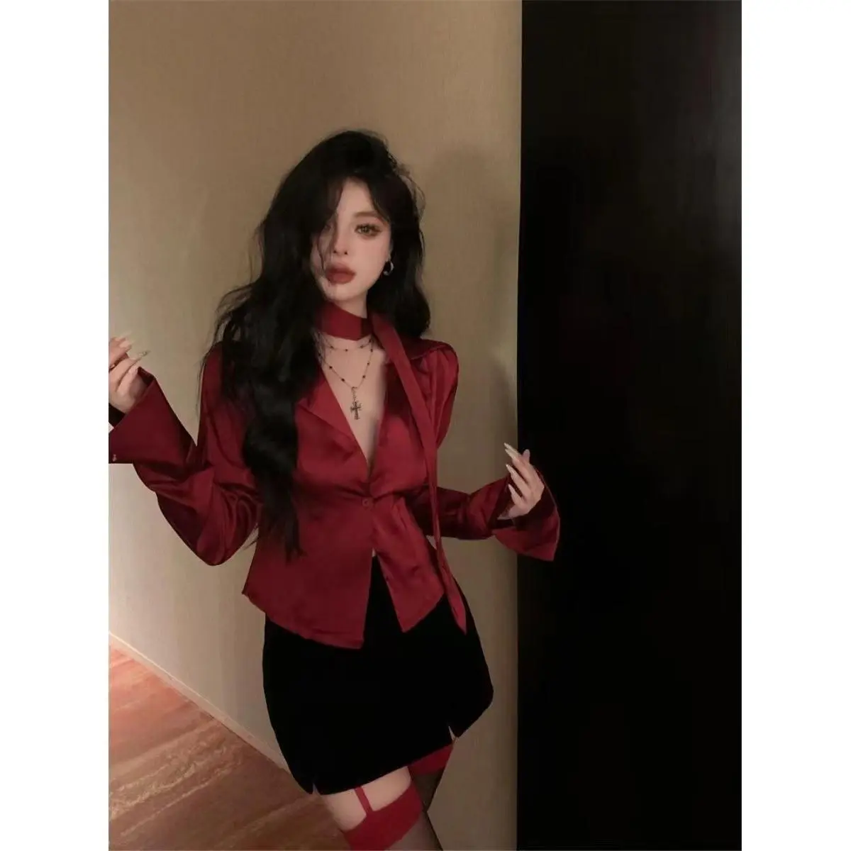 Áo Sơ Mi Dài Tay Cổ Áo Phù Hợp Với Giáng Sinh, Màu Đỏ, Dành Cho Phụ Nữ, Phong Cách Mùa Xuân Pháp, Áo Sơ Mi Thường Ngày Thiết Kế Độc Đáo Và Sang Trọng, Có Ruy Băng, Áo Trên