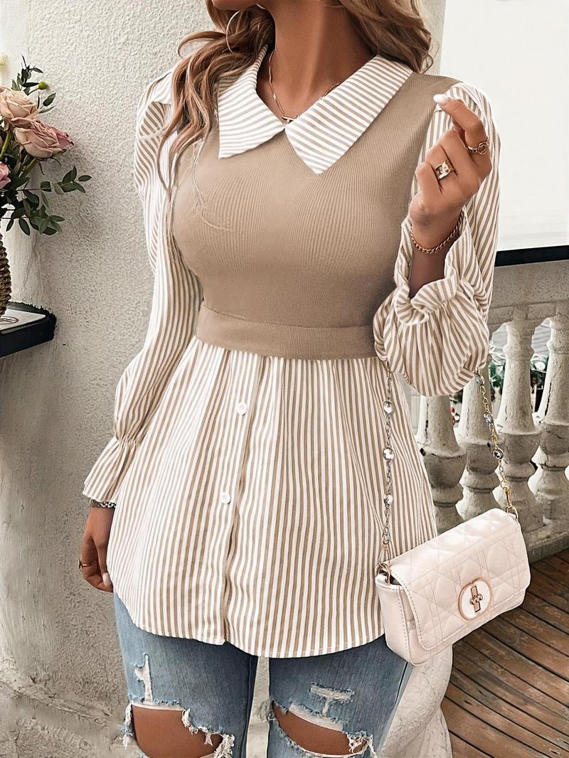 Product Introduction of Women's Striped Print Blouse, Elegant Long Sleeve Collared Top for Spring & Fall, Women's Clothing for Daily Wear 1