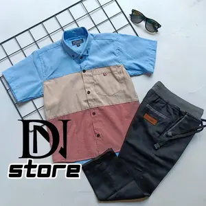 Setelan Kemeja Anak Laki-laki Gradasi Lengan Pendek Katun Oxford 4-10 Tahun