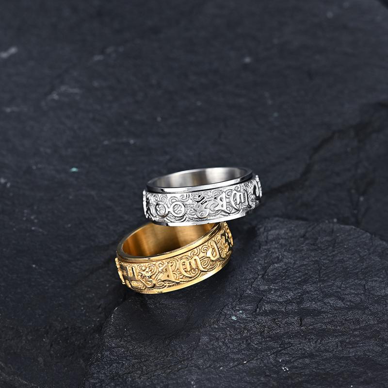 Product Introduction of Buddha Sutra Text Six Words Of Truth Titanium Steel Ring Men And Women With The Same Style Can Be Rotated Lotus Auspicious Cloud Pattern Index Finger Ring 6