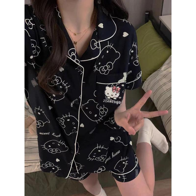 Bộ Đồ Ngủ Mèo Hellokitty, Phong Cách INS, Bộ Đồ Mặc Nhà Mùa Hè, Dành Cho Nữ, Ưa Nhìn, Ngắn Tay, Quần Đùi, Thích Hợp Cho Sinh Viên Ký Túc Xá 0