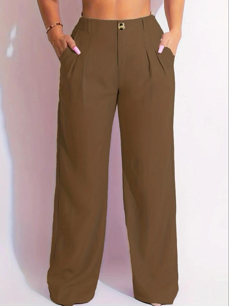 Product Introduction of Women's Solid Plicated High Waist Straight Leg Pants, Casual Pocket Trousers for Daily Wear, Ladies Bottoms for All Seasons 7