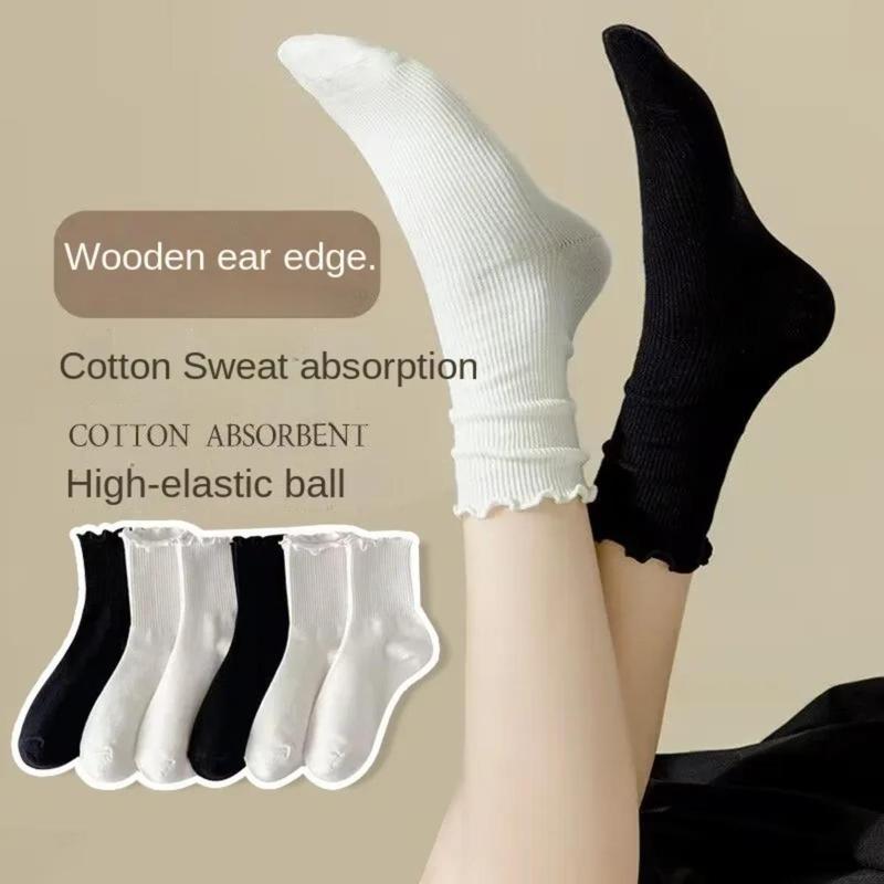 Tất Cho Nữ, Chất Liệu Cotton Xếp Ly Ống Giữa Dài Đến Mắt Cá Chân, Ngắn Và Thoáng Khí, Màu Đen Và Trắng, Thích Hợp Cho Mùa Mùa Xuân, Mùa Thu Và Mùa Đông Women Ong 0