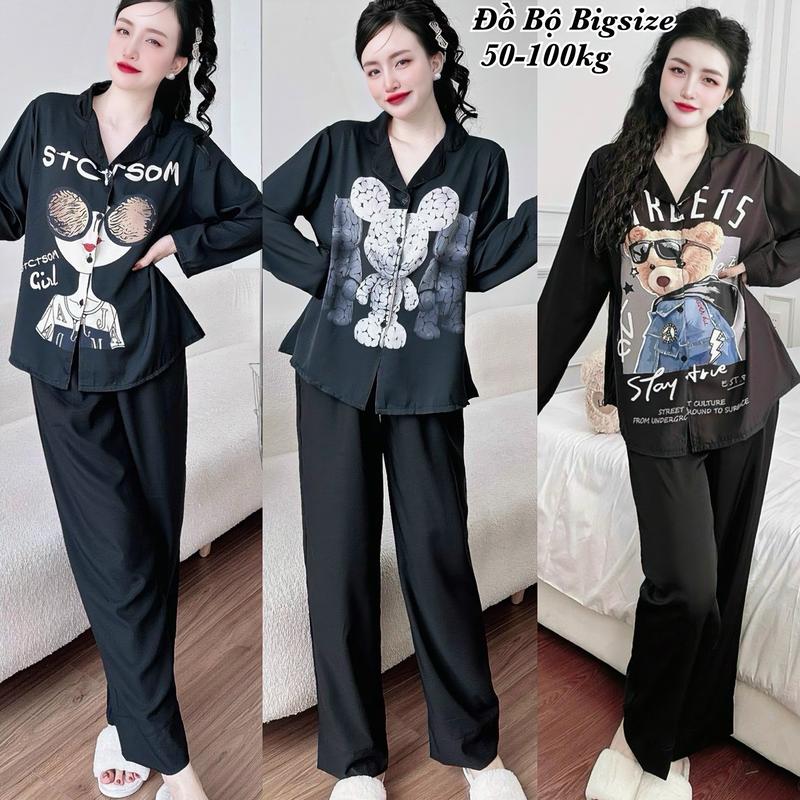 Đồ Bộ Bigsize HCM - Đồ Ngủ Mặc Nhà Pijama Bigsize Lụa Mango Tay Dài in 5D Cao Cấp Xinh Xắn 50-100kg Nhung Nho - 2155
