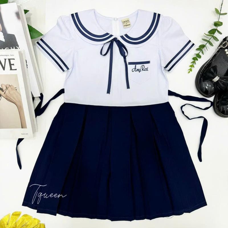 Đồng phục học sinh Áo + Váy liền không quần bé gái - Cotton mịn, hút mồ hôi - Việt Nam vay cho be 0