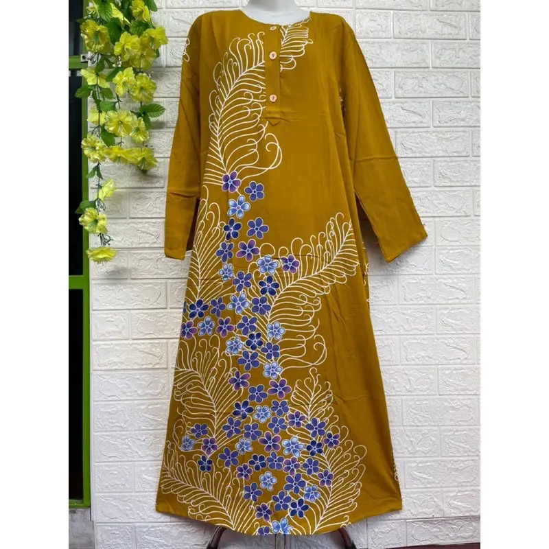 Bisa Cod Longdress Lengan Panjang kencana Ungu Label Biru | Daster Panjang Semata Kaki Baju Tidur Santai Wanita Dewasa Bahan Katun Santung Premium Motif Bunga Terbaru Polka Dot Katun 3