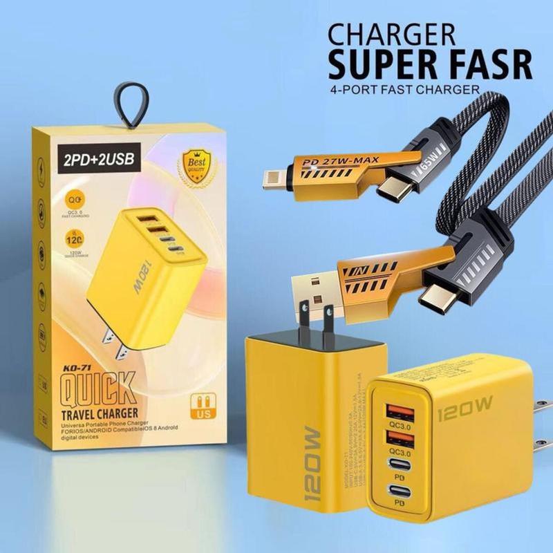 Đầu sạc 120W+Cáp sạc 4 trong 1, Cáp sạc nhanh 65W Loại C Đa chức năng, sạc nhanh 4 trong 1