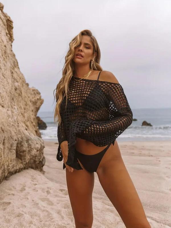 Women's Sexy Hollow Out Asymmetrical Neck Cover Up, Regular Fit Chic Comfort Summer Clothes Long Sleeve Top, Ladies Clothes for Beach Holiday, Womenswear, Beach Cover Ups 4