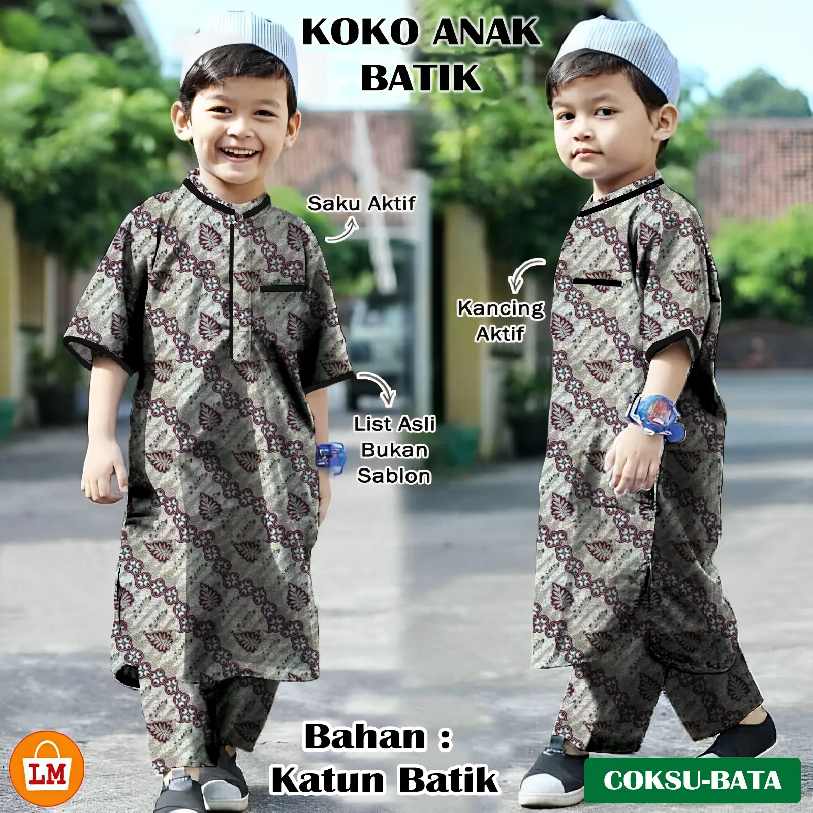 LPM 32966 KOKO ANAK BATIK Setelan Baju Celana Muslim Katun Lengan Pendek Size XS-L Usia 2-15 Tahun