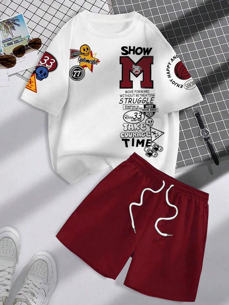 Product Introduction of Men's Letter Print Short Sleeve Tee & Shorts Two-piece Set, Regular Fit Round Neck T-shirt & Track Shorts, Casual Fashion Cozy Breathable Men Two-piece Outfits for All Seasons 3