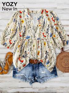 YOZY Plus Size Floral Print Blouse, Boho Casual Half Sleeve Top for Daily Holiday Vacation Wear, Women Clothing for All Seasons