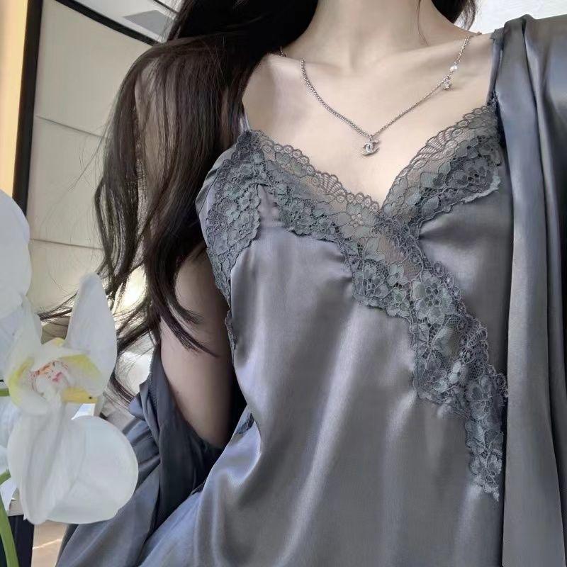 Váy Ngủ Mượt Mà Cảm Giác Băng Ren, Bộ Hai Mảnh, Phong Cách Mỏng Mùa Thu, Dây Đeo Mặt Dây Chéo Quyến Rũ, Váy Ngủ Mặc Nhà, Thích Hợp Cho Năm 2024 7