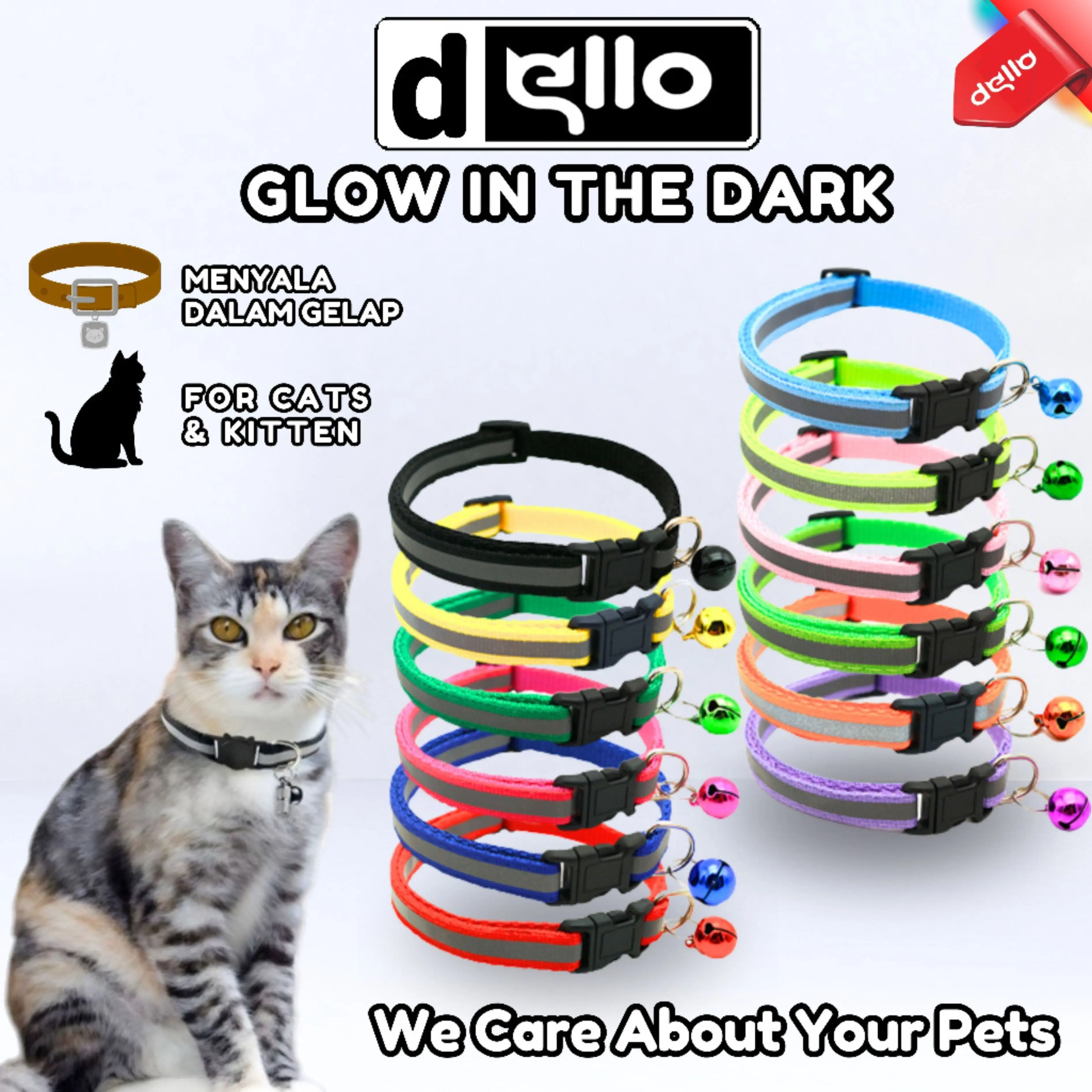 KALUNG KUCING BISA MEMANTULKAN CAHAYA + LONCENG COLLAR REFLEKSI GLOW IN THE DARK DELLO FOR CAT