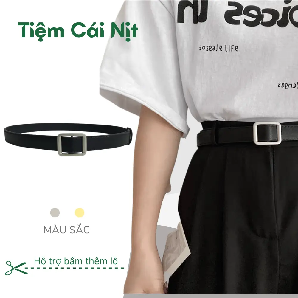 Thắt lưng Nữ Nam Unisex chữ nhật Bản Nhỏ 2,3cm TL001 - Dây nịt da Nam Nữ mặt chữ nhật ko đục lỗ