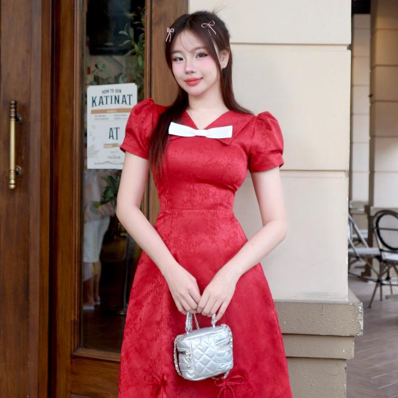 Đầm đỏ dự tiệc sang trọng cổ v chữ a tay phồng đẹp thanh lịch thiết kế cao cấp đi tiệc đi chơi Lux W Fashion