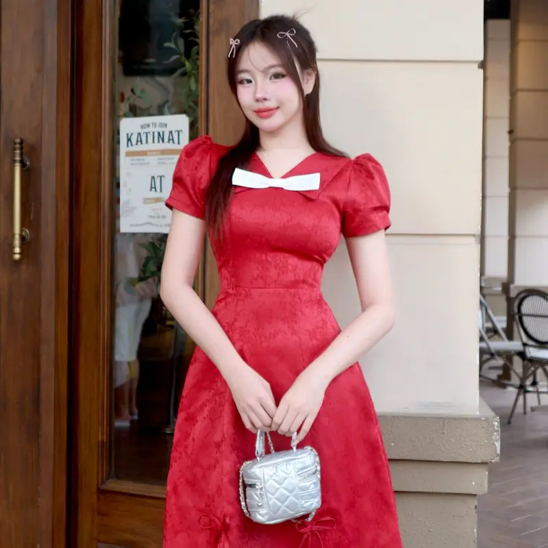 Đầm đỏ dự tiệc sang trọng cổ v chữ a tay phồng đẹp thanh lịch thiết kế cao cấp đi tiệc đi chơi Lux W Fashion 0