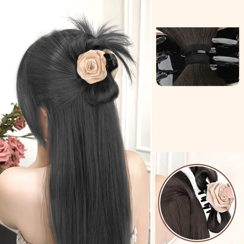 Tóc Giả Phong Cách Trung Quốc Cho Nữ, Tóc Nối Đuôi Ngựa Hình Quả Bóng Buộc Nửa, Kẹp Hoa Hồng, Tóc Giả Lọn Tóc Trông Tự Nhiên, Tóc Mái, Nhẹ Nhàng Và Dễ Phối Đồ Tóc Mô Phỏng, Hàng Mới Về 5
