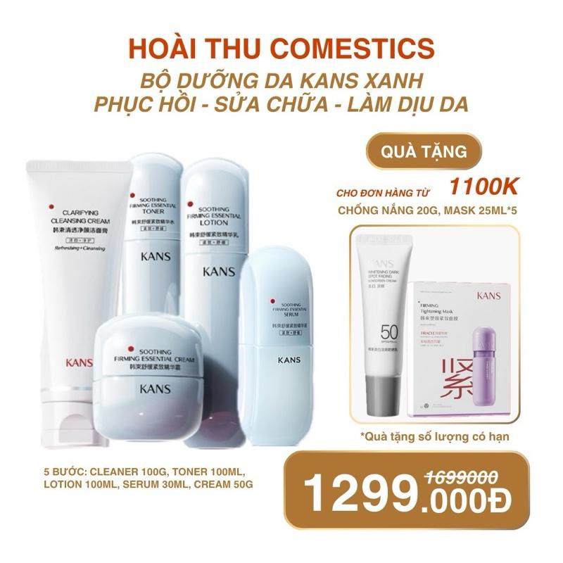 Bộ Mỹ Phẩm KANS Xanh Ngọc Dưỡng Ẩm, Dưỡng Sáng, Làm Dịu Da Dành Cho Da Nhạy Cảm Bản Full Hộp 5 Sản Phẩm: Sữa Rửa Mặt, Toner, Lotion, Serum, Kem Dưỡng